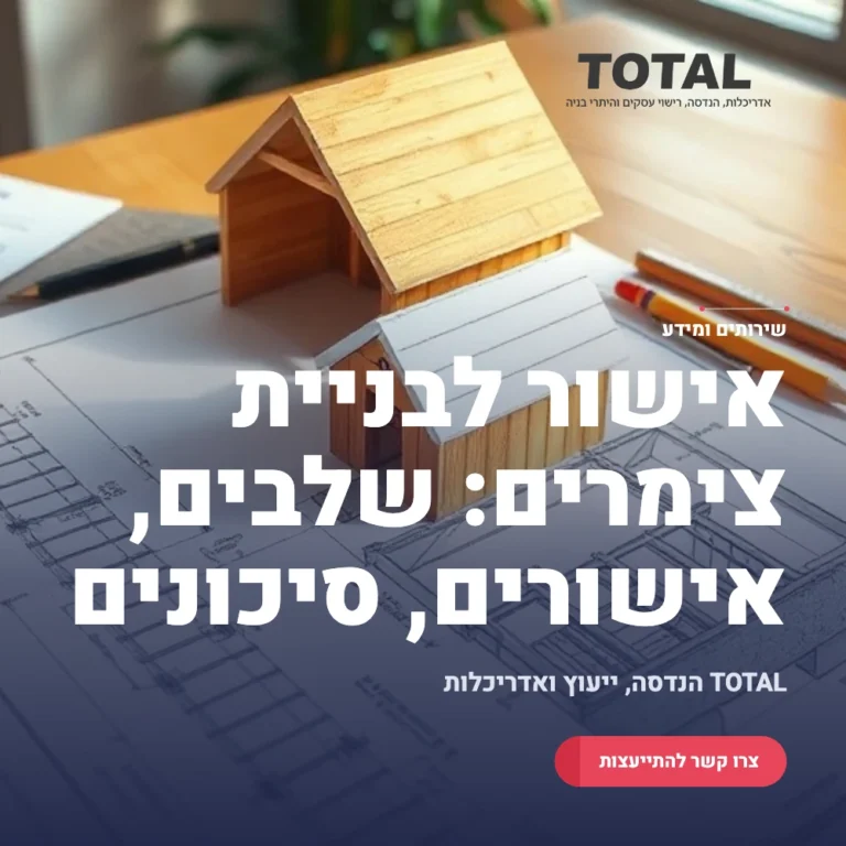 אישור לבניית צימרים — תוכנית אדריכלית של צימר עץ עם סקיצת קונסטרוקציה ומסמכי היתר