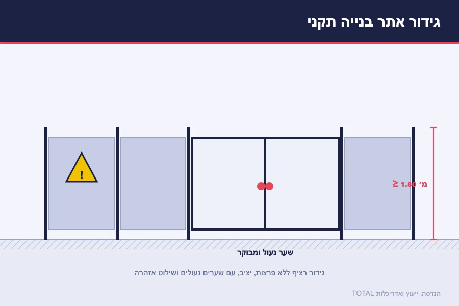 תרשים גידור אתר בנייה תקני — גדר רציפה בגובה 1.80 מ׳ לפחות, שער נעול ומבוקר ושילוט אזהרה