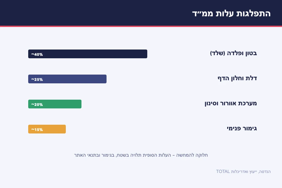 תרשים התפלגות עלות ממ״ד — בטון ופלדה כ־40%, דלת וחלון הדף כ־25%, אוורור וסינון כ־20% וגימור פנימי כ־15%