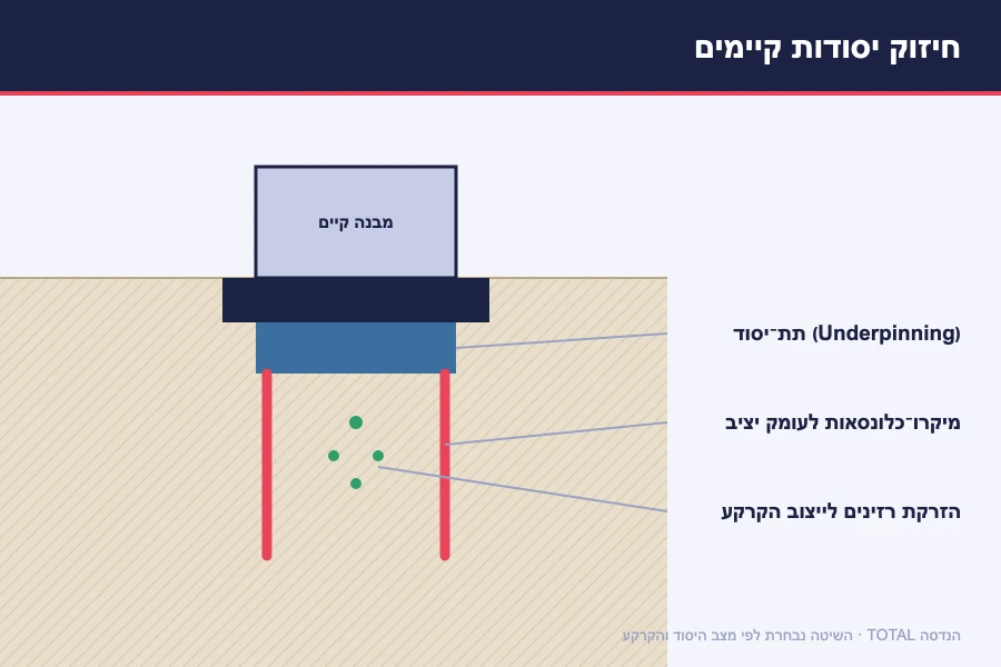 תרשים חיזוק יסודות קיימים — מיקרו־כלונסאות, תת־יסוד (underpinning) והזרקת רזינים לייצוב הקרקע