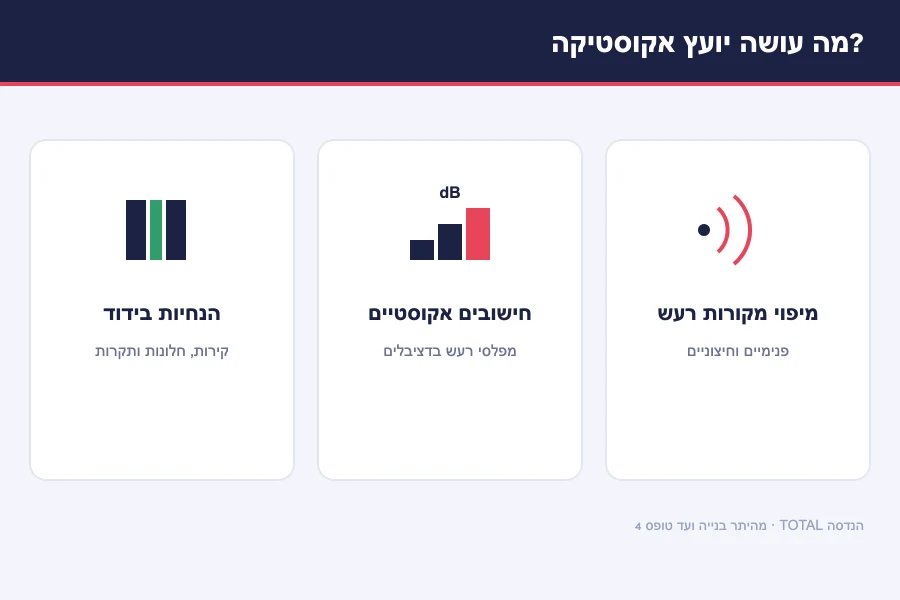 תרשים תפקיד יועץ אקוסטיקה — מיפוי מקורות רעש, חישובים אקוסטיים בדציבלים והנחיות בידוד לקירות חלונות ותקרות