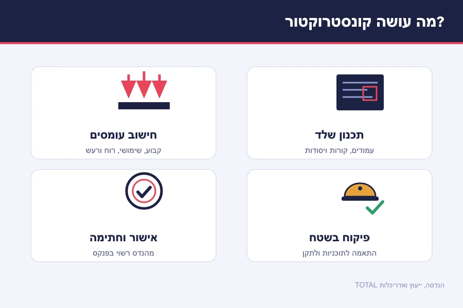 תרשים תפקידי הקונסטרוקטור — תכנון שלד, חישוב עומסים, פיקוח בשטח ואישור וחתימה של מהנדס רשוי