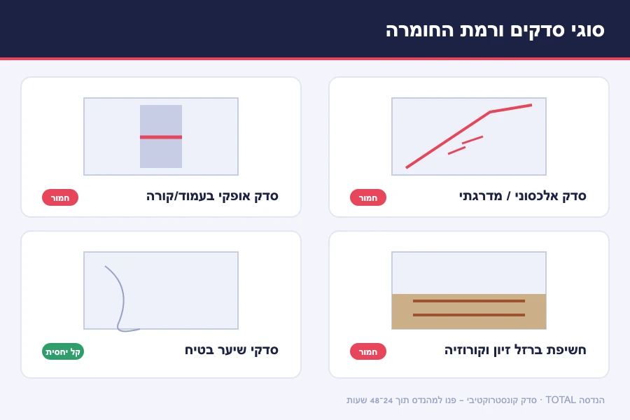 תרשים סוגי סדקים במבנה ורמת החומרה — סדק אלכסוני, סדק אופקי בעמוד, חשיפת ברזל זיון וסדקי שיער בטיח