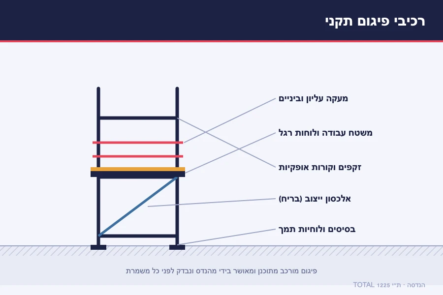 תרשים רכיבי פיגום תקני — זקפים, קורות, משטח עבודה, מעקה, אלכסון ייצוב, לוחות רגל ובסיסים לפי ת״י 1225