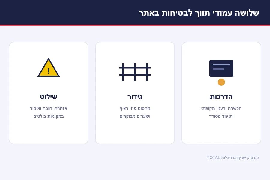 תרשים שלושת עמודי התווך לבטיחות באתר בנייה — הדרכות, גידור ושילוט